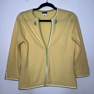 J. Crew Women’s Vintage Cardigan Sweater Floral Detail Yellow Wool Blend Size M